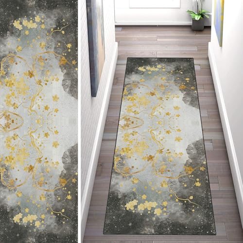 WLNYQF Teppich Läufer Flur Küche 40x170cm,Modern rutschfest Waschbar Küchenläufer Flurläufer,Goldene Blumen Kunstmuster Teppichläufer für Korridor,Schlafzimmer,Innen Wohnzimmer von WLNYQF