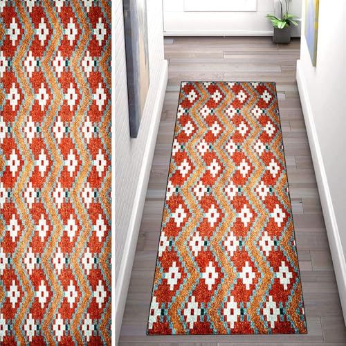 WLNYQF Teppich Läufer Flur Küche 40x420cm,Modern rutschfest Waschbar Küchenläufer Flurläufer,Rotweiße symmetrische Kunstmuster Teppichläufer für Korridor,Schlafzimmer,Innen Wohnzimmer von WLNYQF