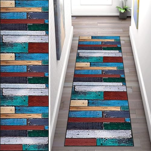 WLNYQF Teppich Läufer Flur Küche 40x500cm,Modern rutschfest Waschbar Küchenläufer Flurläufer,Rote Blaue graue Holzplatte Teppichläufer für Korridor,Schlafzimmer,Innen Wohnzimmer von WLNYQF