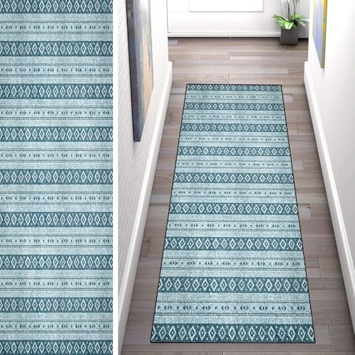 WLNYQF Teppich Läufer Flur Küche 50x100cm,Modern rutschfest Waschbar Küchenläufer Flurläufer,Böhmischer Stil - hellblau Teppichläufer für Korridor,Schlafzimmer,Innen Wohnzimmer von WLNYQF