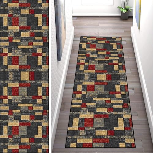 WLNYQF Teppich Läufer Flur Küche 50x170cm,Modern rutschfest Waschbar Küchenläufer Flurläufer,Rot Gelb Schwarz Schnittmuster Teppichläufer für Korridor,Schlafzimmer,Innen Wohnzimmer von WLNYQF