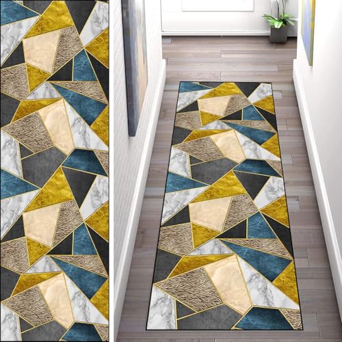 WLNYQF Teppich Läufer Flur Küche 50x280cm,Modern rutschfest Waschbar Küchenläufer Flurläufer,Gelb-Blau-Braun-Fragment-Splice-Muster Teppichläufer für Korridor,Schlafzimmer,Innen Wohnzimmer von WLNYQF