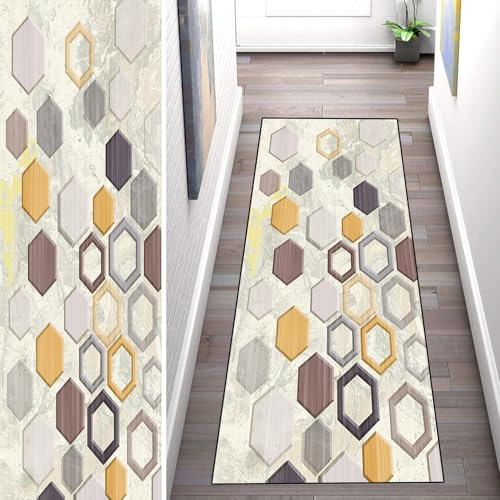 WLNYQF Teppich Läufer Flur Küche 50x420cm,Modern rutschfest Waschbar Küchenläufer Flurläufer,Sechseckige Art Deco-Muster Teppichläufer für Korridor,Schlafzimmer,Innen Wohnzimmer von WLNYQF
