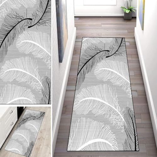WLNYQF Teppich Läufer Flur Küche 60x110cm,Modern rutschfest Waschbar Küchenläufer Flurläufer,Schwarz-weißes Federmuster Teppichläufer für Korridor,Schlafzimmer,Innen Wohnzimmer von WLNYQF