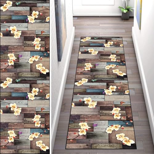 WLNYQF Teppich Läufer Flur Küche 60x150cm,Modern rutschfest Waschbar Küchenläufer Flurläufer,Blumen und braune Holzplattenmuster Teppichläufer für Korridor,Schlafzimmer,Innen Wohnzimmer von WLNYQF