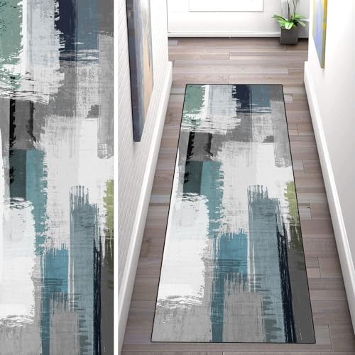 WLNYQF Teppich Läufer Flur Küche 60x170cm,Modern rutschfest Waschbar Küchenläufer Flurläufer,Blau-Grau Kunstmuster Teppichläufer für Korridor,Schlafzimmer,Innen Wohnzimmer von WLNYQF
