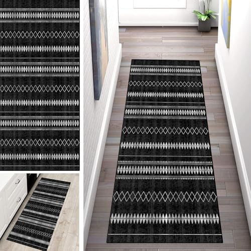 WLNYQF Teppich Läufer Flur Küche 60x170cm,Modern rutschfest Waschbar Küchenläufer Flurläufer,Bohemian Style-Schwarz Teppichläufer für Korridor,Schlafzimmer,Innen Wohnzimmer von WLNYQF