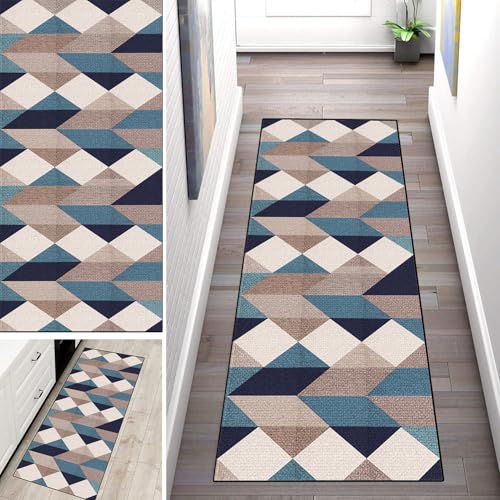 WLNYQF Teppich Läufer Flur Küche 60x400cm,Modern rutschfest Waschbar Küchenläufer Flurläufer,Blaue und weiße Kreissymmetrie Teppichläufer für Korridor,Schlafzimmer,Innen Wohnzimmer von WLNYQF