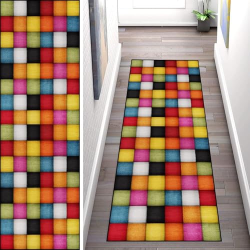 WLNYQF Teppich Läufer Flur Küche 60x480cm,Modern rutschfest Waschbar Küchenläufer Flurläufer,Farbiges Gittermuster Teppichläufer für Korridor,Schlafzimmer,Innen Wohnzimmer von WLNYQF