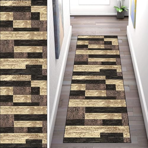 WLNYQF Teppich Läufer Flur Küche 70x100cm,Modern rutschfest Waschbar Küchenläufer Flurläufer,Braune Retro-Splice-Muster Teppichläufer für Korridor,Schlafzimmer,Innen Wohnzimmer von WLNYQF