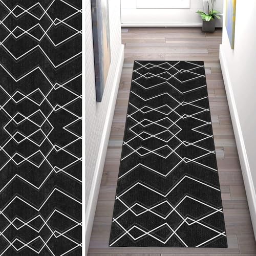 WLNYQF Teppich Läufer Flur Küche 70x200cm,Modern rutschfest Waschbar Küchenläufer Flurläufer,Schwarz-weiße Linie Kunstmuster Teppichläufer für Korridor,Schlafzimmer,Innen Wohnzimmer von WLNYQF