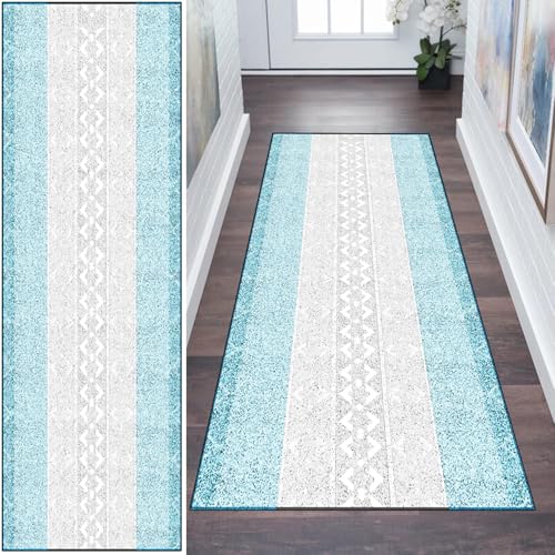 WLNYQF Teppich Läufer Flur Küche 70x250cm,Modern rutschfest Waschbar Küchenläufer Flurläufer,Grau Blaue Kunstmuster Teppichläufer für Korridor,Schlafzimmer,Innen Wohnzimmer von WLNYQF