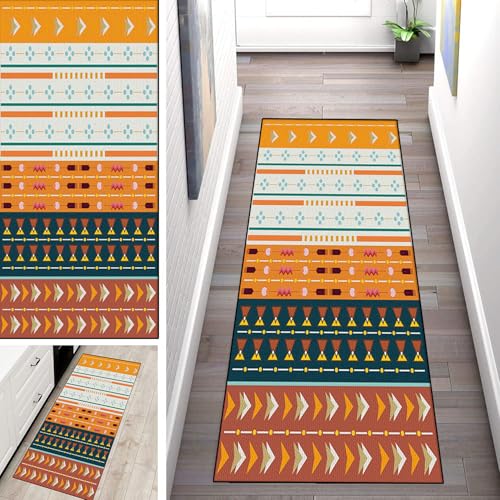 WLNYQF Teppich Läufer Flur Küche 90x150cm,Modern rutschfest Waschbar Küchenläufer Flurläufer,Bohemian Style-Orange Teppichläufer für Korridor,Schlafzimmer,Innen Wohnzimmer von WLNYQF