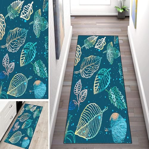 WLNYQF Teppich Läufer Flur Küche 90x160cm,Modern rutschfest Waschbar Küchenläufer Flurläufer,Blaues Blattmuster Teppichläufer für Korridor,Schlafzimmer,Innen Wohnzimmer von WLNYQF