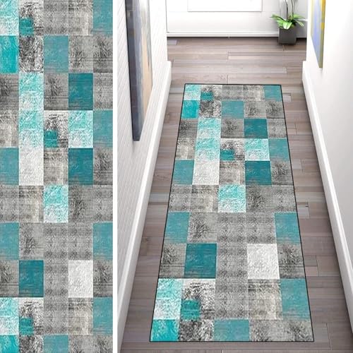 WLNYQF Teppich Läufer Flur Küche 90x420cm,Modern rutschfest Waschbar Küchenläufer Flurläufer,Blau-Grau-Schnittmuster Teppichläufer für Korridor,Schlafzimmer,Innen Wohnzimmer von WLNYQF