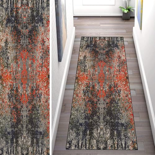 WLNYQF Teppich Läufer Flur Küche 90x450cm,Modern rutschfest Waschbar Küchenläufer Flurläufer,Edeles schwarzes rotes Muster Teppichläufer für Korridor,Schlafzimmer,Innen Wohnzimmer von WLNYQF