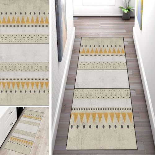 WLNYQF Teppich Läufer Flur Küche 90x480cm,Modern rutschfest Waschbar Küchenläufer Flurläufer,Bohemian Style-Gelbgrau Teppichläufer für Korridor,Schlafzimmer,Innen Wohnzimmer von WLNYQF