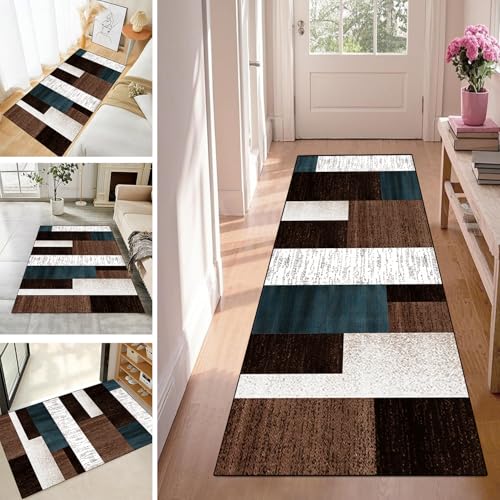 WLNYQF Teppich Läufer Flur Teppichläufer Küchenläufer Küche Teppiche rutschfest Waschbar Bettvorleger für Flur Waschküche, 120x160cm Grau-Blau-Braun-Kreislauf von WLNYQF
