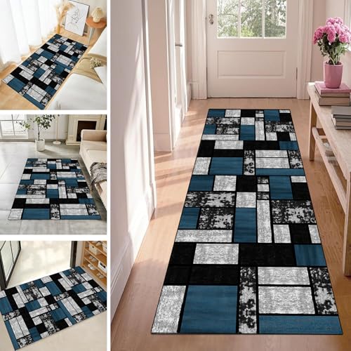WLNYQF Teppich Läufer Flur Teppichläufer Küchenläufer Küche Teppiche rutschfest Waschbar Bettvorleger für Flur Waschküche, 40x450cm Schwarzgraublauer Kreislauf von WLNYQF