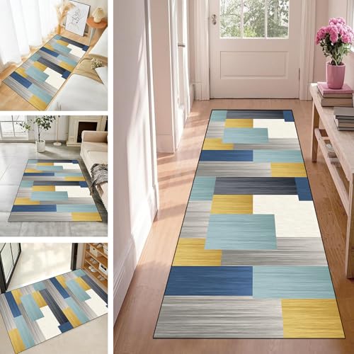 WLNYQF Teppich Läufer Flur Teppichläufer Küchenläufer Küche Teppiche rutschfest Waschbar Bettvorleger für Flur Waschküche, 50x150cm Schwarz Blau Gelb von WLNYQF