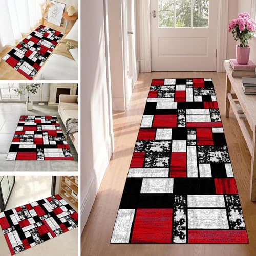 WLNYQF Teppich Läufer Flur Teppichläufer Küchenläufer Küche Teppiche rutschfest Waschbar Bettvorleger für Flur Waschküche, 60x350cm Schwarz-Grau-Rot-Kreislauf von WLNYQF