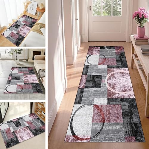 WLNYQF Teppich Läufer Flur Teppichläufer Küchenläufer Küche Teppiche rutschfest Waschbar Bettvorleger für Flur Waschküche, 60x90cm Blau-Pink-Kreis-Muster von WLNYQF