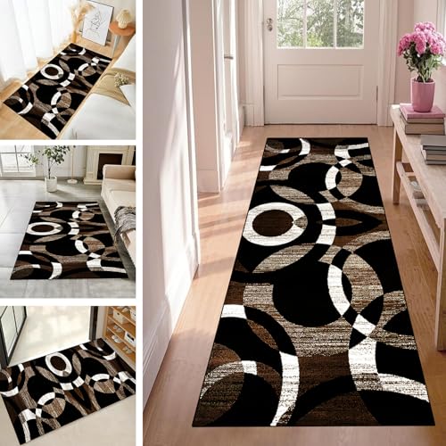 WLNYQF Teppich Läufer Flur Teppichläufer Küchenläufer Küche Teppiche rutschfest Waschbar Bettvorleger für Flur Waschküche, 70x150cm Braune Kreismuster von WLNYQF