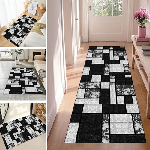 WLNYQF Teppich Läufer Flur Teppichläufer Küchenläufer Küche Teppiche rutschfest Waschbar Bettvorleger für Flur Waschküche, 90x100cm Schwarzgrauer Kreislauf von WLNYQF