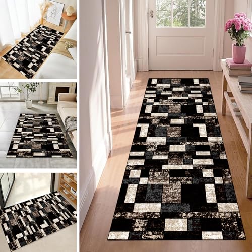 WLNYQF Teppich Läufer Flur Teppichläufer Küchenläufer Küche Teppiche rutschfest Waschbar Bettvorleger für Flur Waschküche, 90x180cm Schwarz-Grau-Braun-Kreislauf von WLNYQF