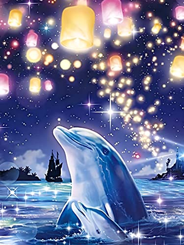 WLOT Diamond Painting Diamant Painting Bilder Dolphin Family DIY Diamant malerei Kits DIY Kreuz Stickerei Wohnzimmer Schlafzimmer Büro Zauberstab Und Eingang Dekoration von WLOT