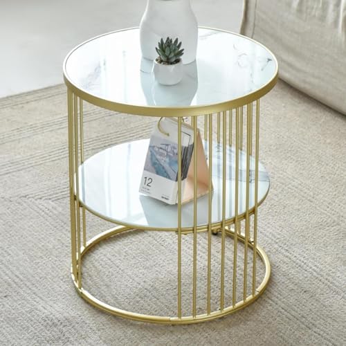WLOWS Metal Bedside Table, Modern Round Metal Marble Table, with 2-Layer Storage Space von WLOWS