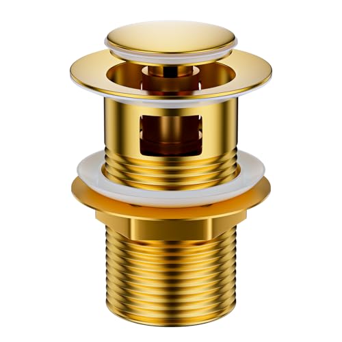 WLTEDRGO Ablaufgarnitur für Waschbecken mit Überlauf – 1 1/4 Zoll Pop Up Ventil, Waschbeckenstöpsel in Gold, Universal Abfluss Stopfen für Waschtisch von WLTEDRGO