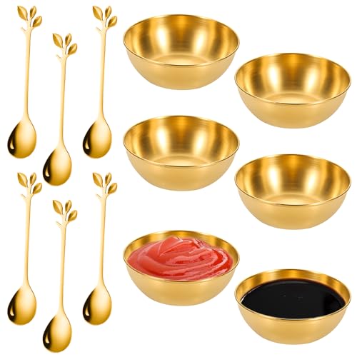 WLUOS 6 Stück Goldene Soßenschale Edelstahl Runde Dipschalen Kleine Dip Schälchen Saucen Servierschalen mit 6 Löffel für Dessert Saucen Sojasauce Gewürz Salatsoße Ketchup, SHUYESHAO01 von WLUOS