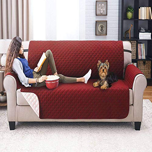 WLVG Wasserfeste Quiltsofa Schonbezug, Wende-Sofabezug für 1 2 3-Sitzer Anti-Rutsch-Couchbezüge Möbelschutz Couch Schonbezug-Rotwein-DREI Personen: 161X189CM (63 × 74in) von WLVG