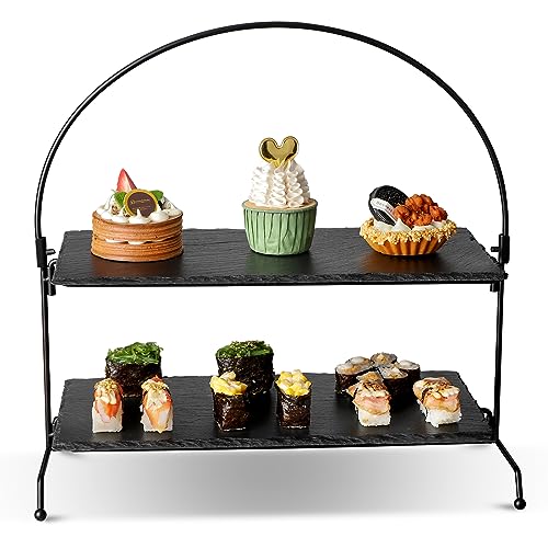 WLWNWFT Etagere Schiefer 2 Ebenen, Tortenständer 2-stöckig Schiefer Etagere schwarz mit Metallgestell, Schieferplatte für Desserts, Kuchen, Käse, Wurst von WLWNWFT