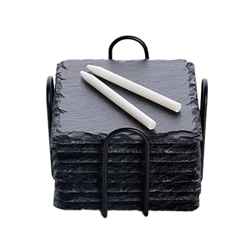 WLWNWFT Schiefer Untersetzer für Gläser 8er Set, Untersetzer Schiefer Glasuntersetzer mit Halter, Tischuntersetzer Getränkeuntersetzer inkl. Kreidestift von WLWNWFT