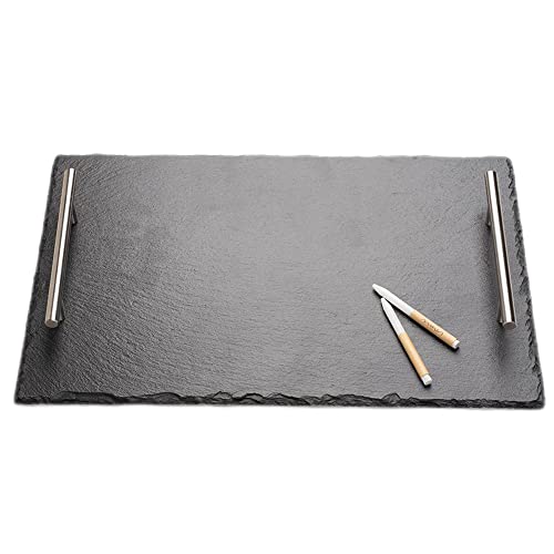 WLWNWFT Schieferplatte mit Griffen, Schieferplatte Servierplatte 38x25 cm mit Kreidestift, Servierplatte Schwarz Schiefer Käseplatte von WLWNWFT