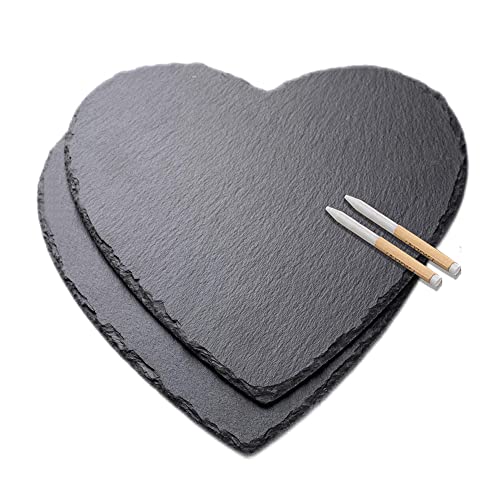 WLWNWFT Schieferplatte Servierplatte Herz 2er Set, Schiefer Herz 25 cm mit Kreidestift, Schiefer Käseplatte Herzplatten, Ideal zum Servieren und als Deko von WLWNWFT