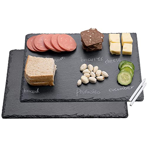 WLWNWFT 2 Stück Schieferplatte Servierplatte, Servierplatten aus Schiefer 30x20 cm, zum Servieren & Beschriften, Schieferplatten rechteckig, inkl. Kreidestift von WLWNWFT