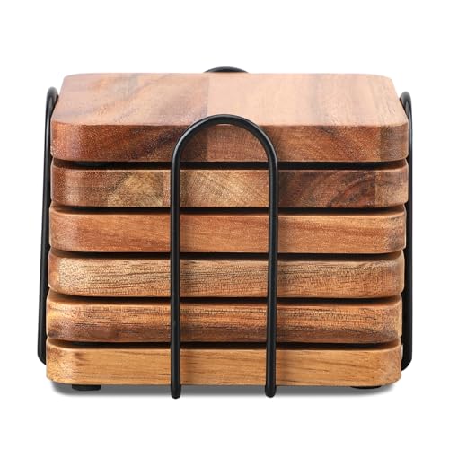 WLWNWFT Untersetzer Gläser Holz 6er Set, Untersetzer aus Akazienholz mit Halter, Glasuntersetzer Holz eckig, Holzuntersetzer für Getränke, Bar, Tassen, Glas, Getränkeuntersetzer von WLWNWFT