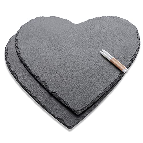 WLWNWFT Schieferplatte Herz groß 30 cm 2er Set, Schieferherz Platte mit Kreidestift, Servierplatte aus Schiefer Schwarz, Schiefer Herzen zum Servieren & Beschriften von WLWNWFT