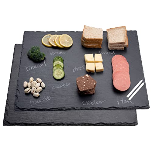 WLWNWFT Schieferplatten 2er Set - Schieferplatte Servierplatte 40x30 cm mit Kreidestift - Serviertablett Schiefer Servierplatten Käseplatten Tapas Buffet Platte, Schwarz von WLWNWFT