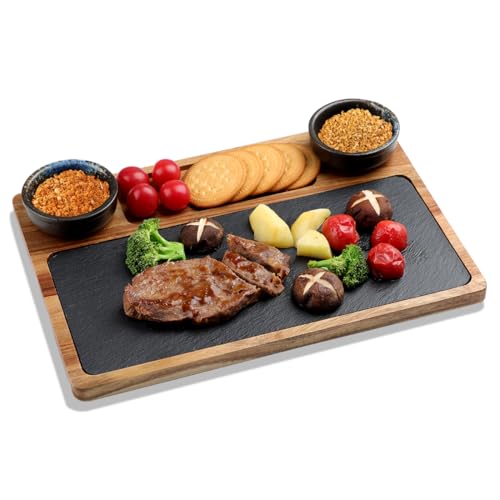 WLWNWFT Servierbrett Set, Schiefer Servierbrett Holz, Käsebrett Set aus Akazien-Holz mit Schieferplatte,Schieferplatten Buffet-Platte Käseplatte mit Keramikschale- Perfekt für Antipasti von WLWNWFT