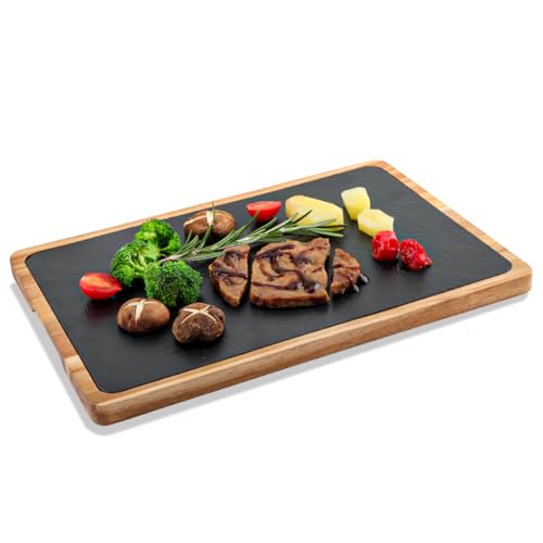 WLWNWFT Servierbrett aus Akazien-Holz mit Schieferplatte, perfekt als Grillbrett, Steakbrett, Grill Zubehör für Steak & Burger, Ideale Geschenkwahl & Holzbrett Deko von WLWNWFT