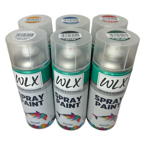 WLX Sprayfarben-Set. 6-Farben-Set je 400 ml. Schnelltrocknende glänzende Sprühdosen. Spraydose. RAL-Farben: Schwarz (9005) Weiß (9003) Blau (5017) Grün (6016) Rot (3020) Gelb (1003) von WLX