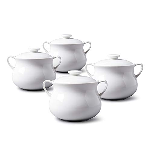 WM Bartleet & Sons 1750 TSET119 Traditionelles Porzellan-Set mit Deckel, einzelne französische Zwiebelsuppe und Eintopfschüssel mit Griffen, 500 ml, Weiß, 4 Stück von WM Bartleet & Sons 1750