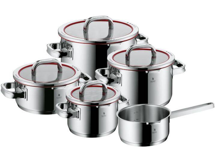 Topf-Set WMF Function 4, Glasdeckel mit 4 Abgießfunktionen, poliert, unbeschichtet , rot (edelstahlfarben, rot), Töpfe, Induktions Töpfe Set, Innenskalierung, für alle Herdarten geeignet von WMF