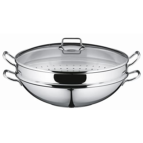 WMF Macao Wok Induktion 4-teilig, Wok-Pfanne 36 cm mit Glasdeckel, Ablagegitter, Dämpfereinsatz, Cromargan Edelstahl poliert, unbeschichtet von WMF