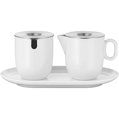 WMF Barista Zuckerdose 130 ml und Sahne-/ Milchkännchen Porzellan 170 ml mit Deckeln Set 3-teilig mit Untersetzer, Milchkanne, spülmaschinengeeignet von WMF