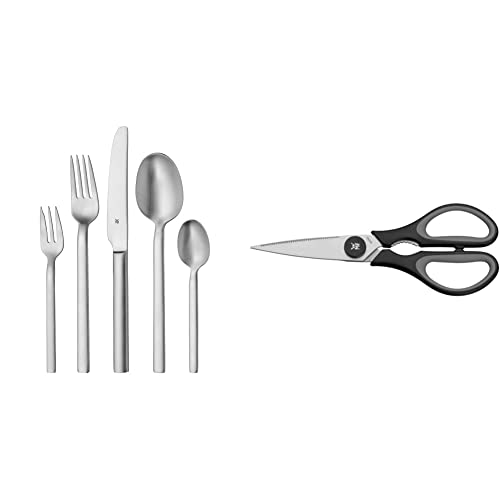 WMF Alteo Besteckset 12 Personen, Essbesteck 60 teilig, Monobloc-Messer, Cromargan Edelstahl mattiert, spülmaschinenfest & Küchenschere Touch schwarz Cromargan Edelstahl rostfrei Kunststoff von WMF